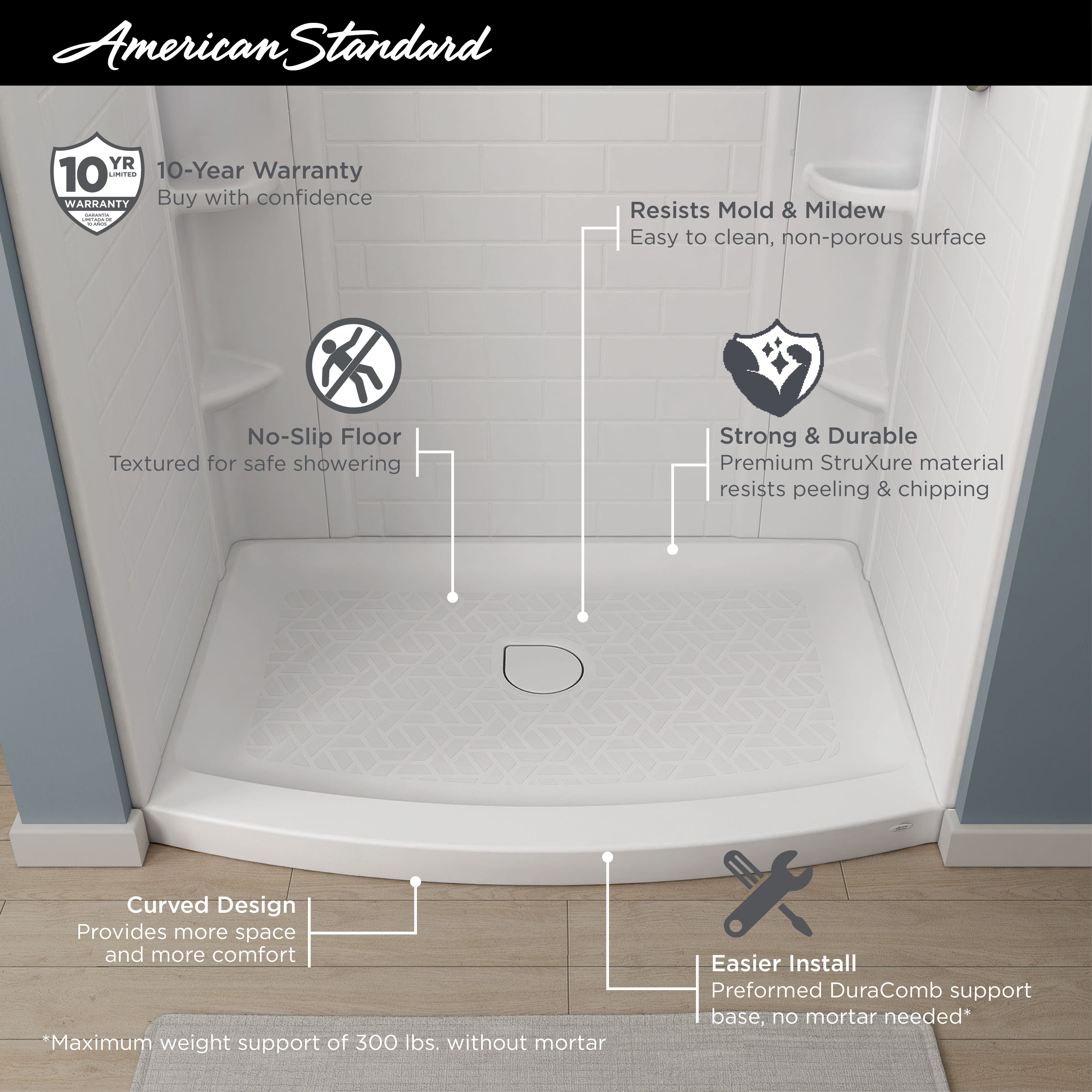Elevate 48x30inch Curved Shower Base with Center Drain Outlet